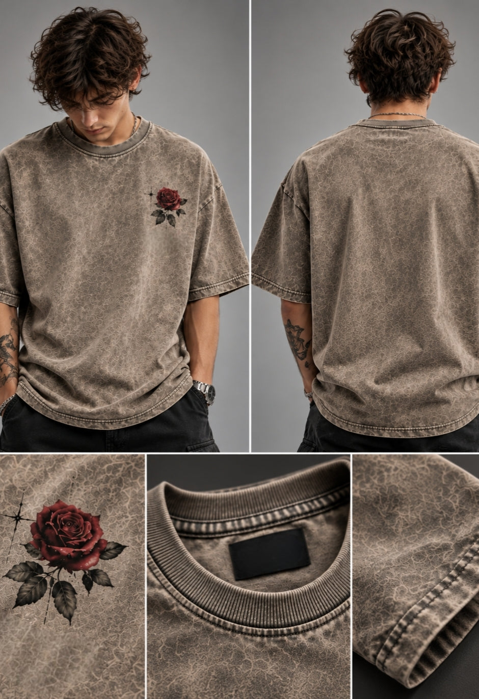 Model wearing the Faded Dreams oversized t-shirt, with close-ups of the rose print, ribbed neck and stitched sleeve