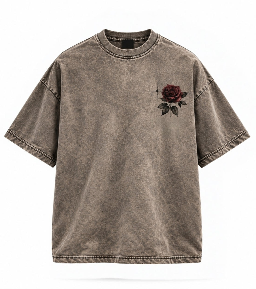 Faded Dreams oversized t-shirt, front - mocha vintage acid wash with small rose chest print