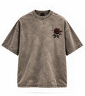 Faded Dreams oversized t-shirt, front - mocha vintage acid wash with small rose chest print