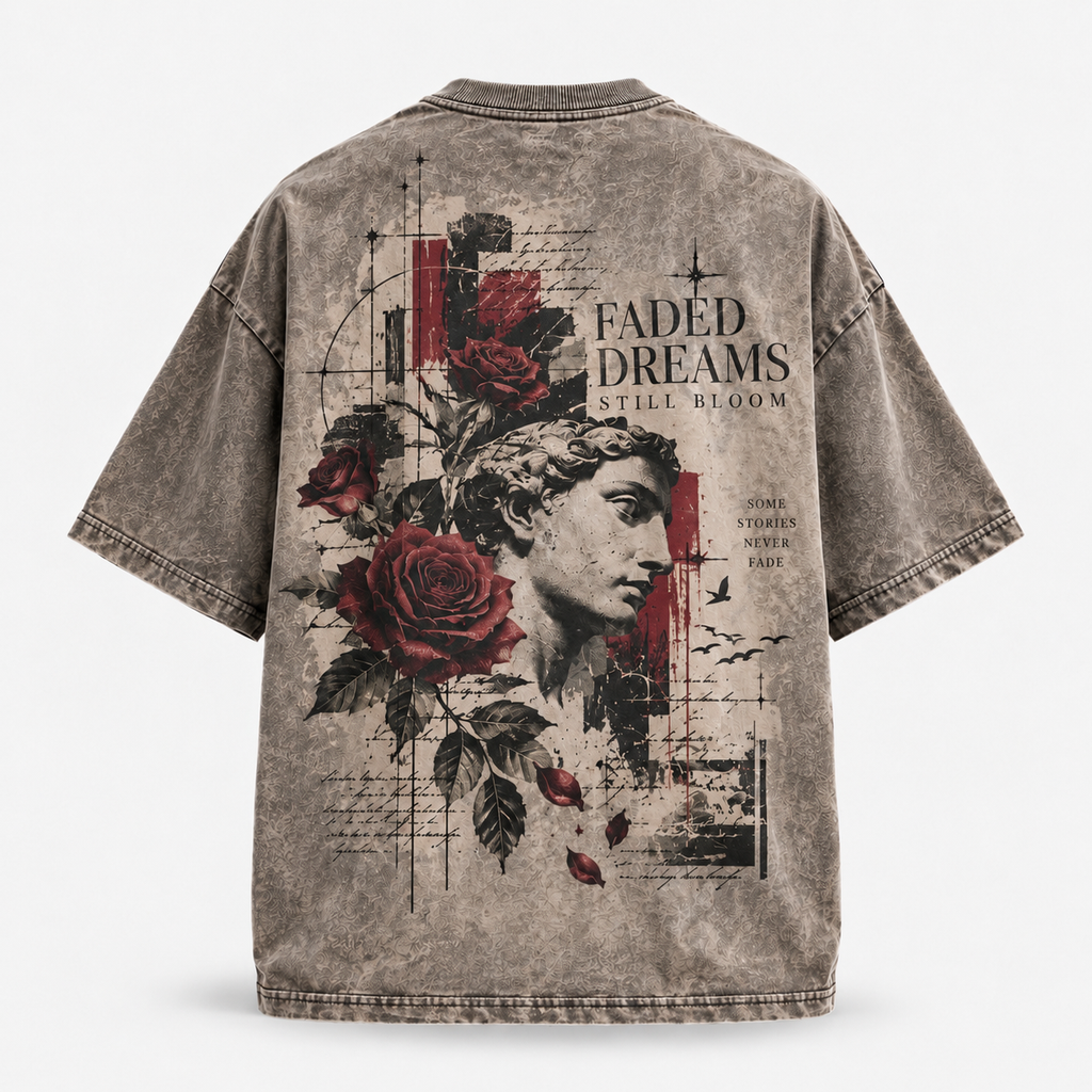 Faded Dreams oversized t-shirt, back - Faded Dreams Still Bloom statue and roses graphic